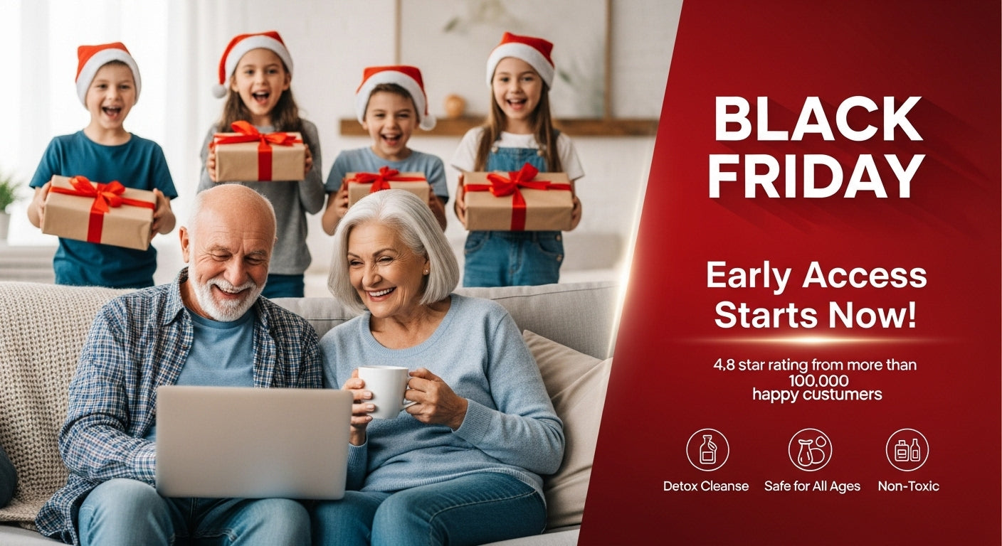 Family celebrating Black Friday with presents and a laptop, featuring text about early access and product benefits.
